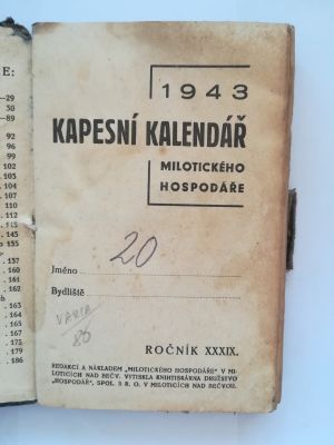 Kapesní kalendář milotického hospodáře 1943